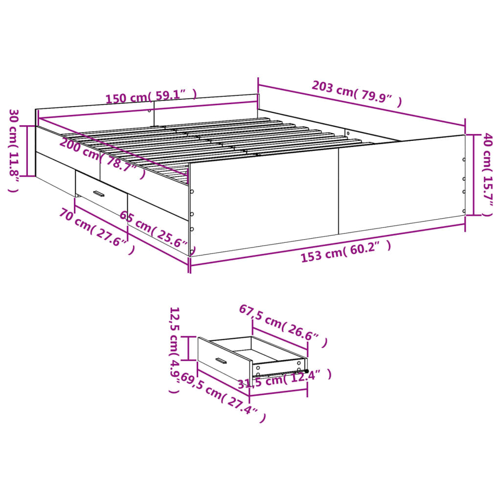Bettgestell mit Schubladen Grau Sonoma 150x200 cm Holzwerkstoff