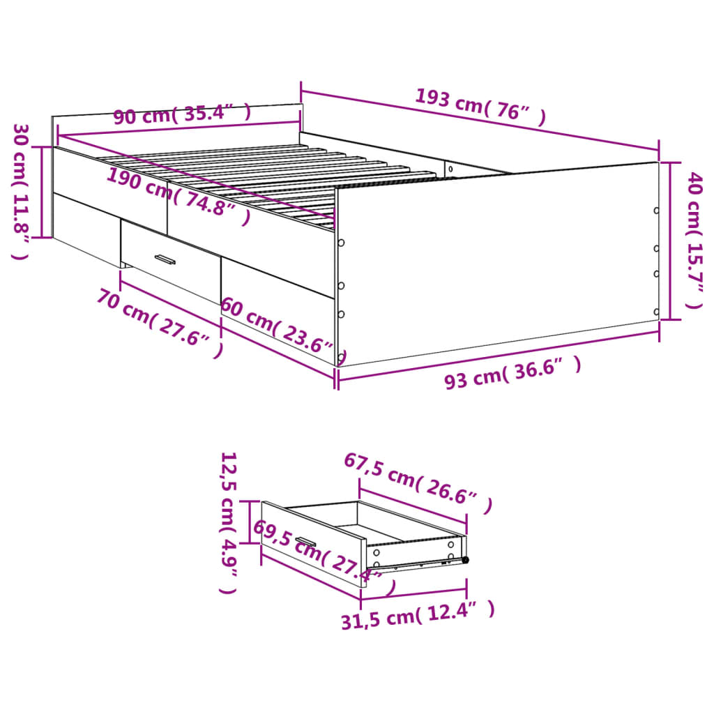 Bettgestell mit Schubladen Grau Sonoma 90x190 cm Holzwerkstoff