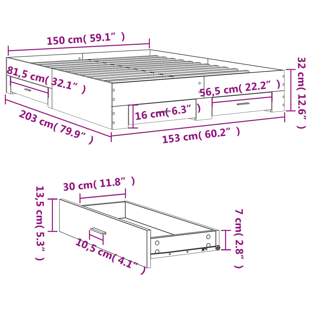 Bettgestell mit Schubladen Grau Sonoma 150x200 cm Holzwerkstoff