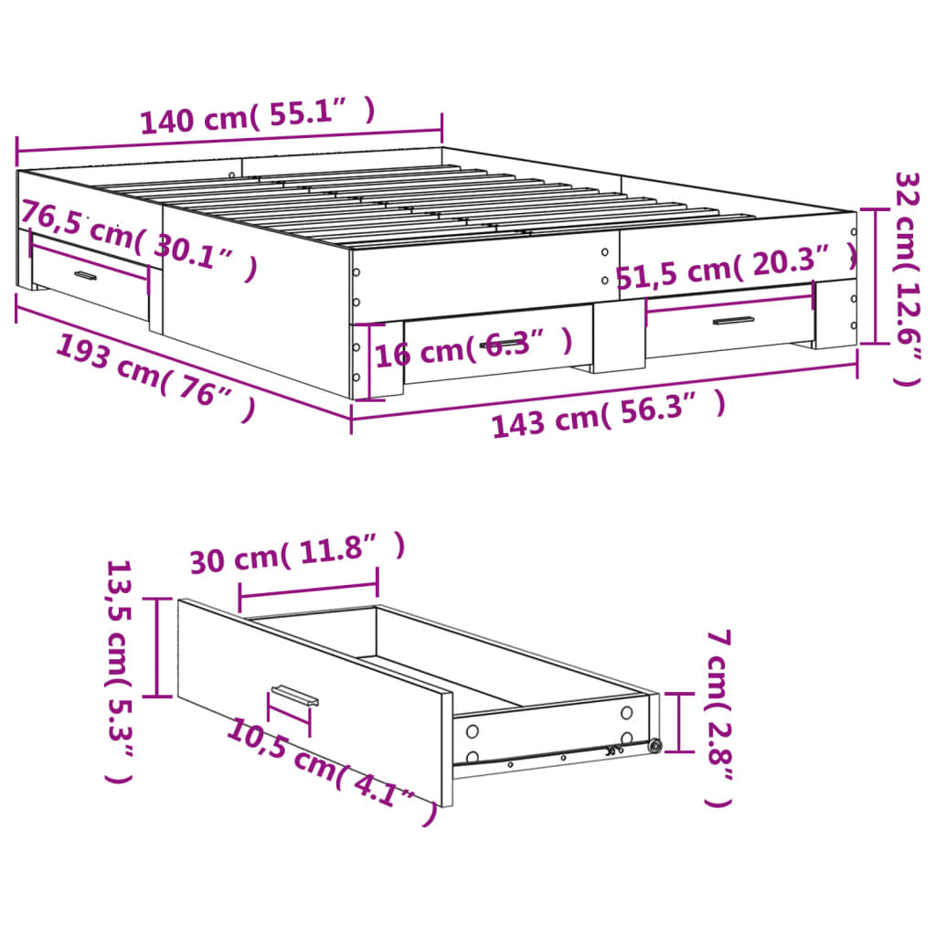 Bettgestell mit Schubladen Grau Sonoma 140x190 cm Holzwerkstoff