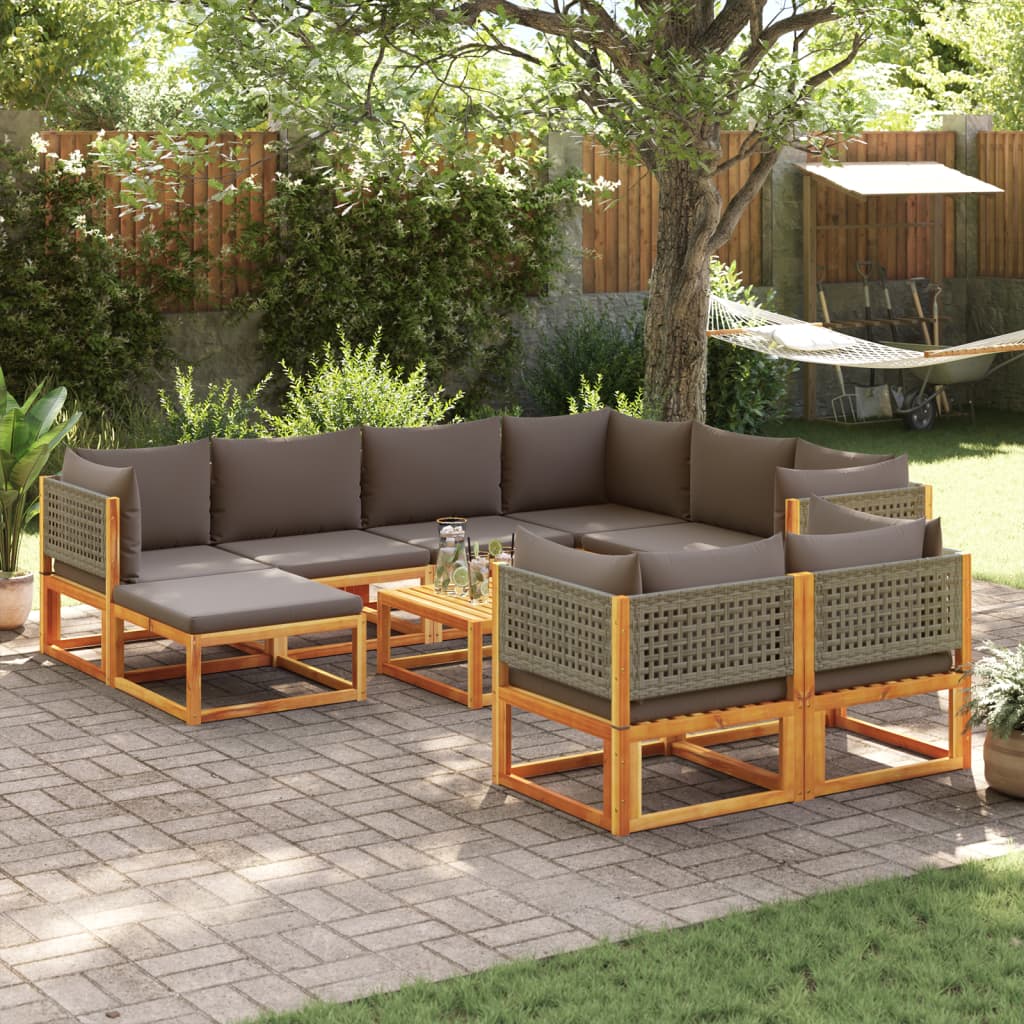 10-tlg. Gartensofa-Set mit Kissen Holz Akazie & Rattan